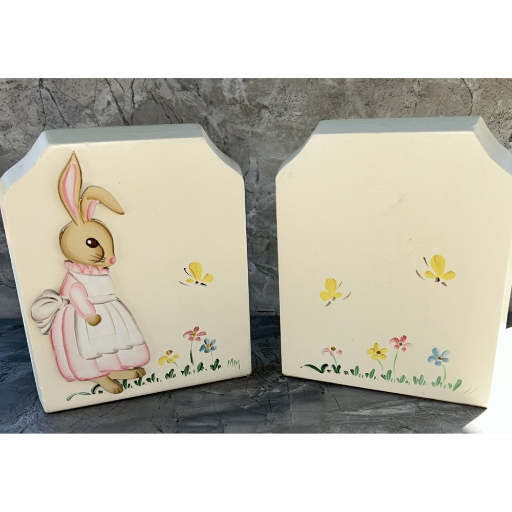 Vtg Bookends Nursery Bunny Rabbit Baby Wood Hand Painted Margaret Middleton 6525